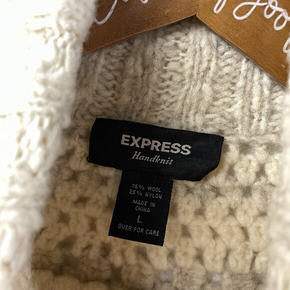 Express Crochet Snowflake Sweater Ivory And Tan Large Handknit Turtleneck - Picture 7 of 10
